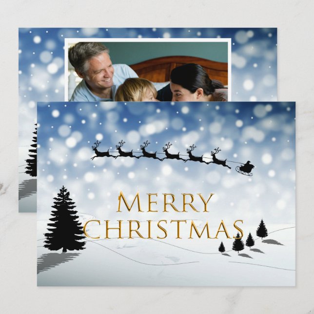 Cartão De Festividades Santa and Sleigh silhouette Snow scene Personalize (Frente/Verso)