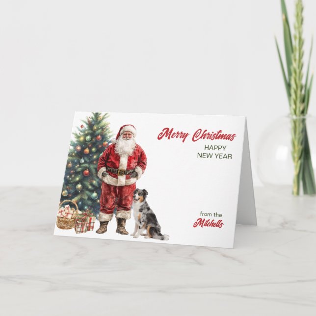 Cartão De Festividades Santa Claus and Australian Shepherd Dog Christmas (Frente)