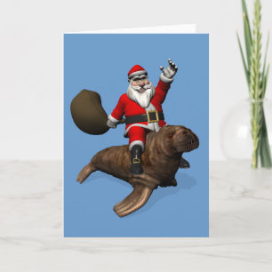 Cartão De Festividades Santa Claus Andando Em Walrus