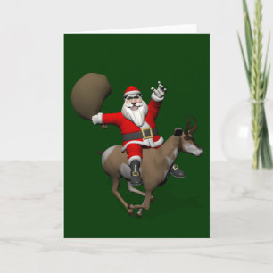 Cartão De Festividades Santa Claus Andando Um Pronghorn