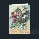 Cartão De Festividades Santa Claus Angel Cherub Mistletoe<br><div class="desc">Hora de celebrar as férias. Este impressão de natal vintage retrata um anjo agarrando as bochechas do Papai Noel.</div>