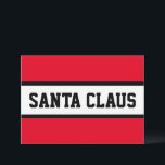 Cartão De Festividades SANTA CLAUS Bold Sporty Red Black Stripes<br><div class="desc">Feliz Natal! Dentro de letras grandes fortes e fortes fortes fortes fortes,  uma faixa central branca realçada com pinstripes pretas em um fundo vermelho brilhante com "SANTA CLAUS" soletrado em frente e centro. O texto pode ser personalizado.</div>