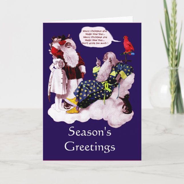 CARTÃO DE FESTIVIDADES SANTA CLAUS, PEQUENO ANGEL E O PARTIDO MERLIN XMAS (Frente)