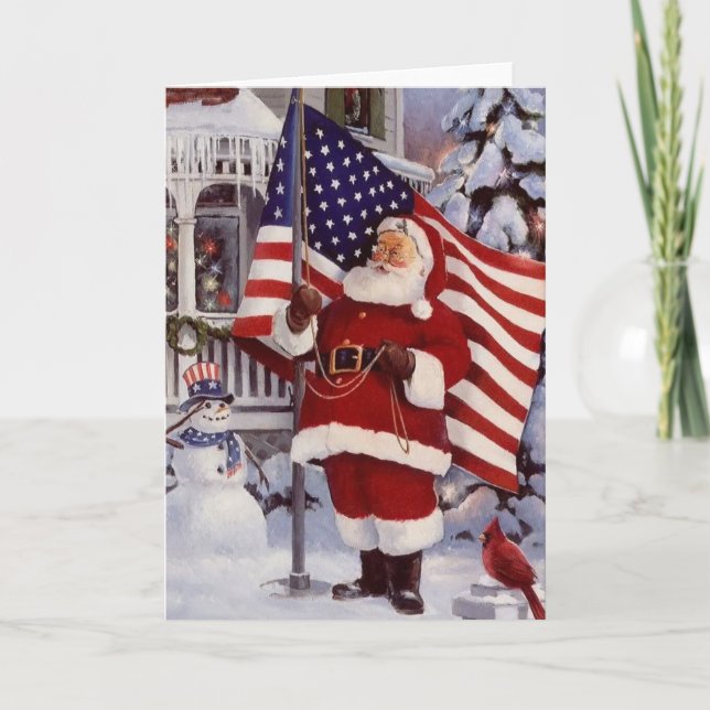 Cartão De Festividades Santa Claus segurando bandeira americana (Frente)