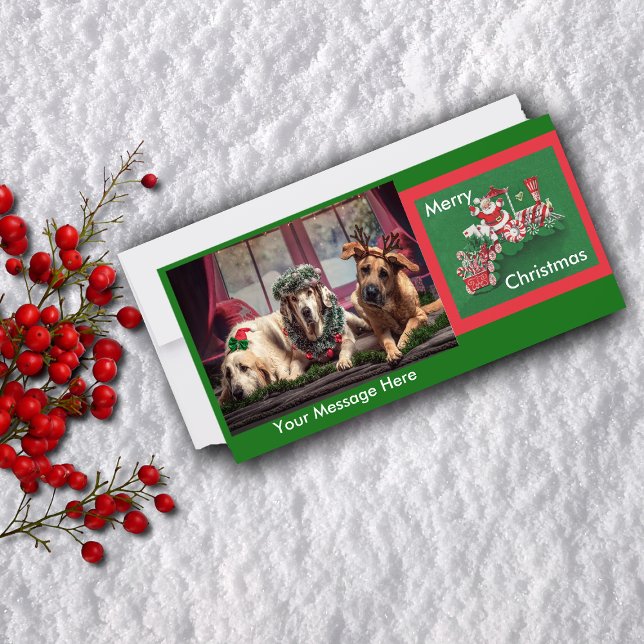Cartão De Festividades Santa Clause Candy Train (Santa Claus Riding peppermint candy train on red and green flat Christmas photo greeting card.)