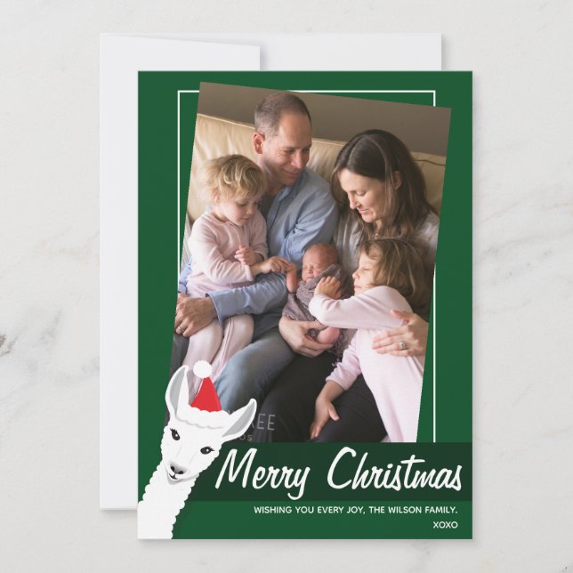 Cartão De Festividades Santa Hat Llama Green White Foto Inclinação (Frente)