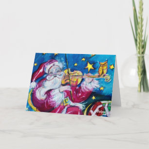 Cartão De Festividades SANTA INSPIROU TOCANDO VIOLINO, Coruja, Noite de N