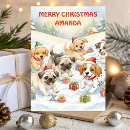 Cartão De Festividades Santa’s Puppy Playground Kids Christmas Card