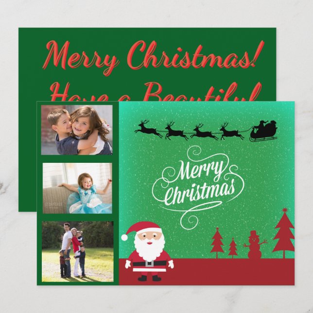 Cartão De Festividades Santa Sleigh & Family 3 Photo Christmas (Frente/Verso)