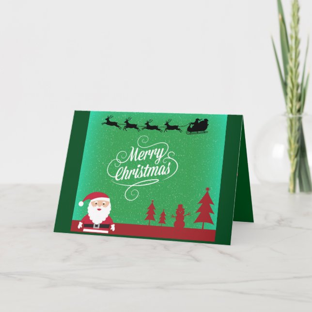 Cartão De Festividades Santa Sleigh & Snowy Green Christmas Scene (Frente)