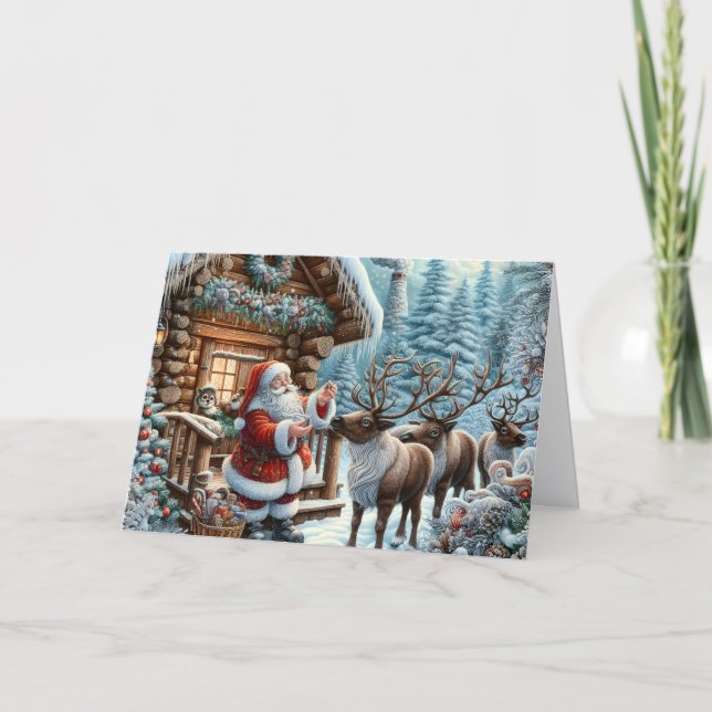 Cartão De Festividades Santa with Reindeer Christmas Holiday Card (Frente)