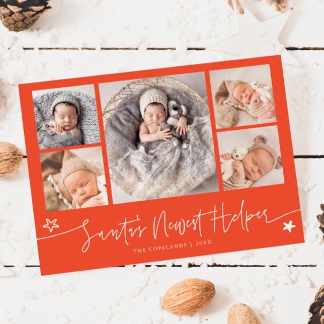 Cartão De Festividades Santa's Helper Christmas Red Birth Announcement (Criador carregado)