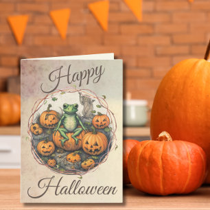 Cartão De Festividades Sapo e Abóboras de Halloween Vintage