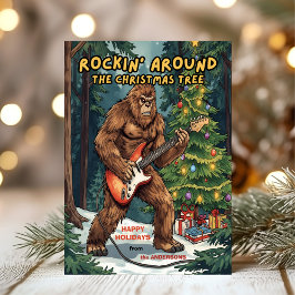 Cartão De Festividades Sasquatch Rockeando em Volta da Árvore de Natal
