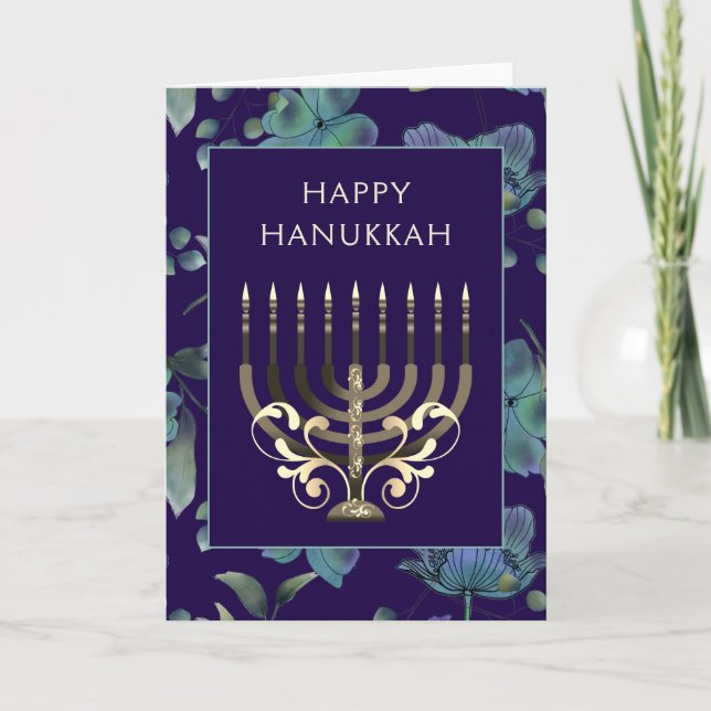 Cartão De Festividades Saudação às flores de Hanukkah douradas azuis (Frente)
