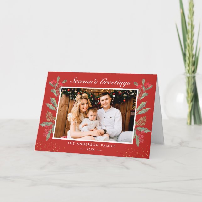 Cartão De Festividades Saudação de Foto do Natal Clássico, Holly Berries (Frente)