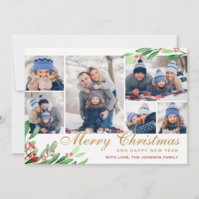 Cartão De Festividades Saudação de Holly Berry 6 PHOTO Collage (Frente)