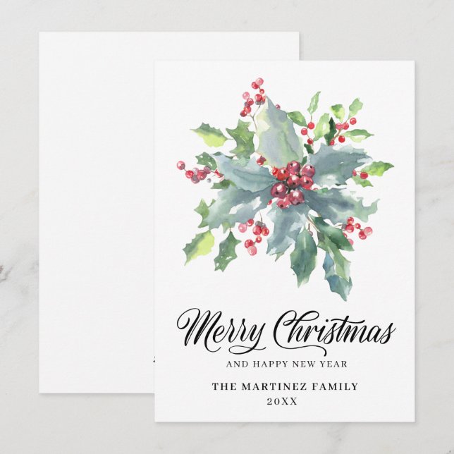 Cartão De Festividades Saudação de Natal Classic Holly e Berry 2022 (Frente/Verso)