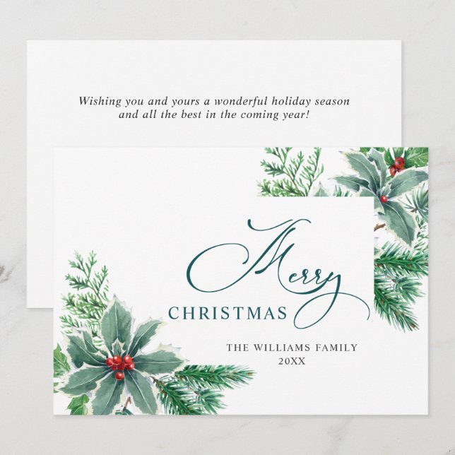 Cartão De Festividades Saudação de Natal com Aquarela Festiva de Folhas e (Frente/Verso)