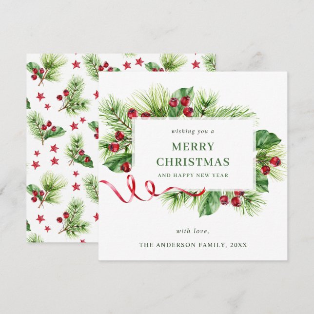 Cartão De Festividades Saudação de Natal com Azevinho Festivo (Frente/Verso)