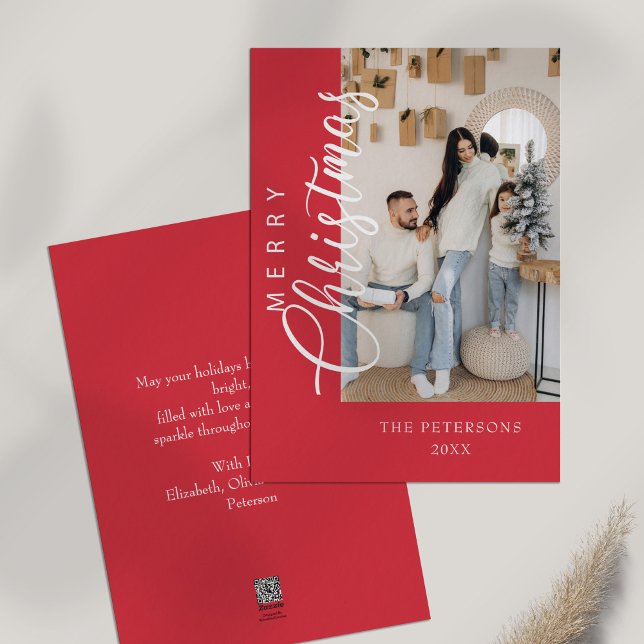 Cartão De Festividades Saudação de Natal com Foto Rosa Moderno (Modern Bright Pink Photo Christmas Greeting Holiday Card on white table)