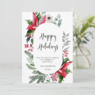 Cartão De Festividades Saudação de Natal com Musgo e Poinsettia Elegante