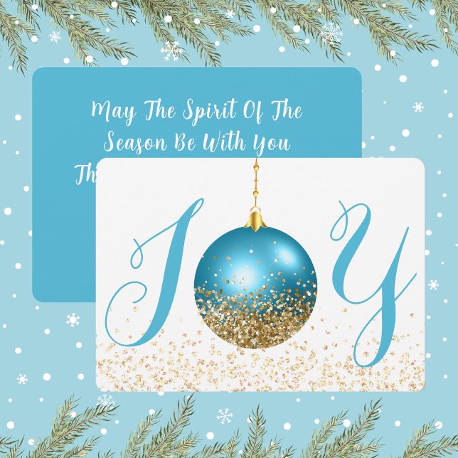 Cartão De Festividades Saudação de Natal para Joy Ornament Azul (Joy In Blue and Gold Look Glitter Christmas Holiday Card)
