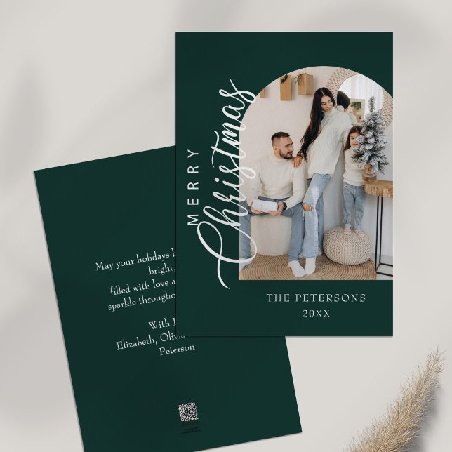 Cartão De Festividades Saudação de Natal Verde em Forma de Arch (Arch Shape Green Photo Christmas Greeting Holiday Card on a white table)