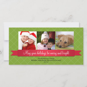 Cartão De Festividades Saudação de trama verde-friso de satin vermelho-fe