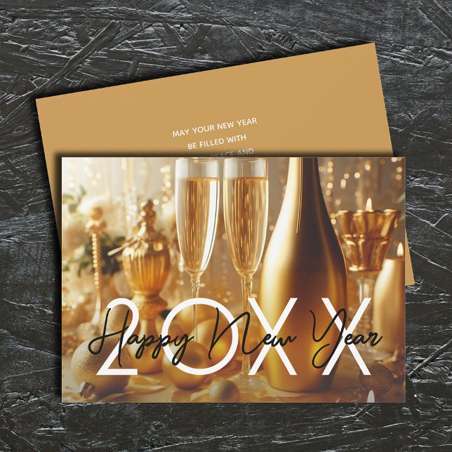 Cartão De Festividades Saudação do ouro Moderno Feliz ano novo (Golden Champagne Happy New Year Greeting Holiday Cards - INSTANT DOWNLOAD and or PRINTED or both!)