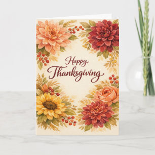 Cartão De Festividades Saudação Floral de Ação de Graças em Aquarela Rúst