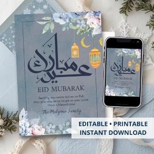 Cartão De Festividades Saudação Floral de Aquarela Azul Suave Eid Mubarak