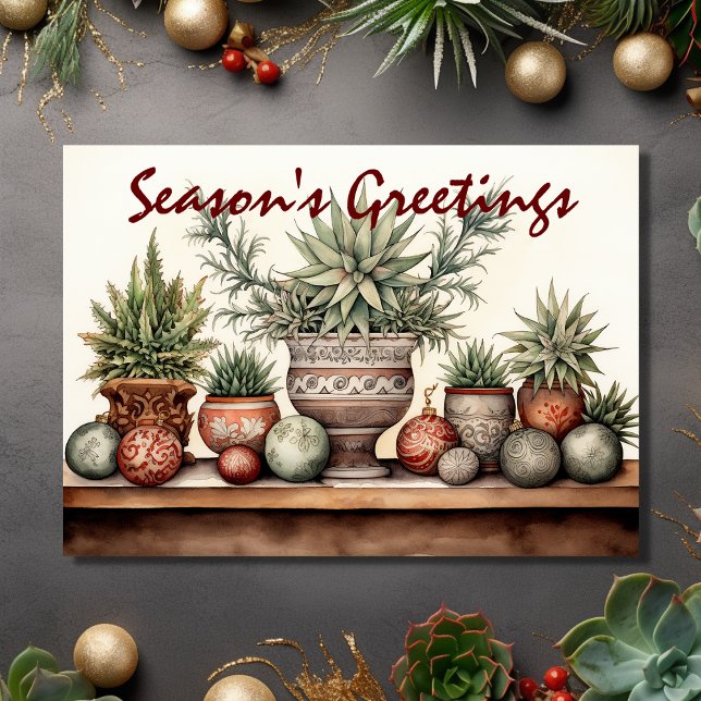 Cartão De Festividades Saudações da Época Votaram Suculentos Natal (Front - Season's Greetings Potted Succulents Christmas Holiday Card)