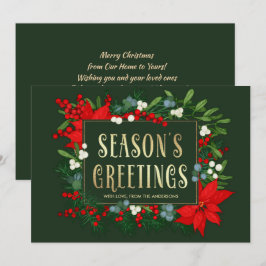 Cartão De Festividades Saudações da temporada. Mistletoe, Poinsettia Fram