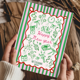 Cartão De Festividades Saudações de ano novo feliz rosa verde desenhadas