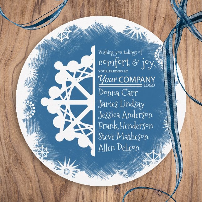 Cartão De Festividades Saudações de Férias da Empresa Floco de Neve Azul  (winter blue company holiday card, blue business logo christmas greeting card blue white snowflake)