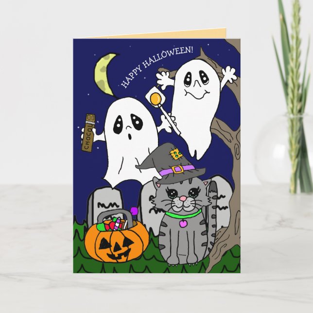 Cartão De Festividades Saudações de Halloween de Cartoon Desenhado à Mão (Frente)