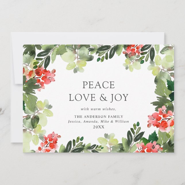 Cartão De Festividades Saudações de Natal com Folhas Festivas de Azevinho (Frente)