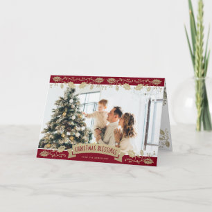 Cartão De Festividades Saudações de Natal Cristãs em Foto Vermelha Elegan