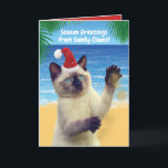 Cartão De Festividades Saudações Engraçadas do Gato "Sandy Claws"<br><div class="desc">Saudações de Sandy Claws! Ho! Ho! Ho! Carta engraçada para amantes de gatos,  assim como para amantes de trocadilhos de bobo. Quem pode resistir a esse gato siamês vestindo um chapéu de Papai Noel? Texto personalizável.</div>
