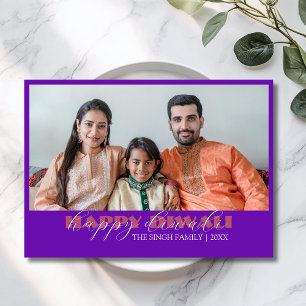 Cartão De Festividades Saudações Feliz Diwali com Foto Moderna Roxa Real