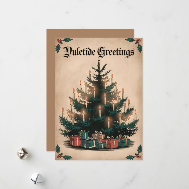 Cartão De Festividades Saudações Yuletide - Árvore Festiva Candlelit (Frente/Verso In Situ)