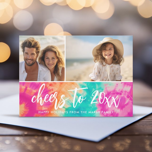 Cartão De Festividades Saúde ao Ano Novo Tie-Dye Teal Photo 70s (Cheers to the New Year - Funky Tie Dye Christmas card)