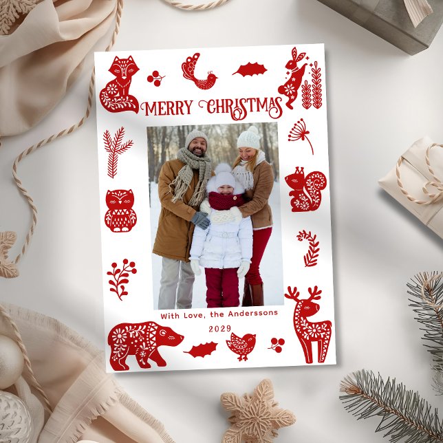 Cartão De Festividades Scandi Folk Art Forest Woodland Animals Bird Photo (Criador carregado)