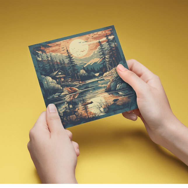 Cartão De Festividades Scandinávia Retro Art Mountain Home (Criador carregado)