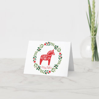 Cartão De Festividades Scandinavian Christmas card Dala Horse and wreath