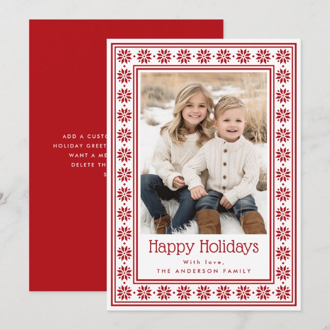 Cartão De Festividades Scandinavian star pattern border Happy Holidays (Frente/Verso)