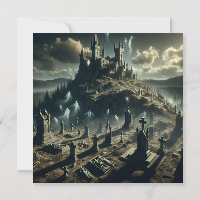 Cartão De Festividades Scary Halloween Haunted Castle Graveyard (Frente)