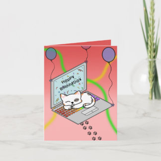 Cartão De Festividades Schattige kat op laptop met slingers verjaardags