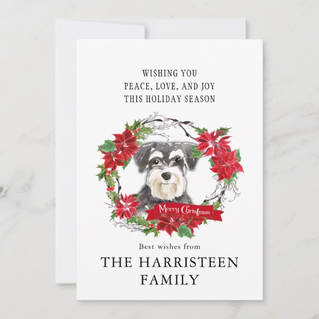 Cartão De Festividades Schnauzer Mini Watercolor Poinsettia Natal (Frente)